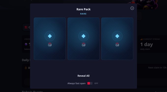 A digital "Rare Pack" unopened card reveals interface displaying three mystery cards with hidden rewards, including a "Reveal All" button and an "Always fast open" toggle set to OFF, consistent with the user opening a free pack to potentially win credits and $WINR tokens.