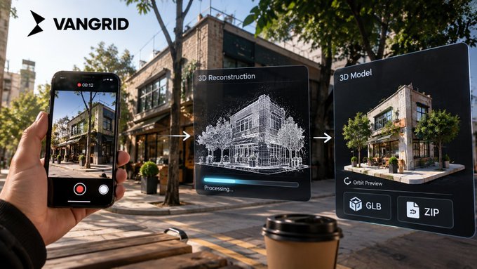 A promotional graphic for 'VANGRID' showing a hand holding a smartphone that captures a building, which transforms into a wireframe '3D Reconstruction' and finally a rendered '3D Model' with options to download as GLB or ZIP.