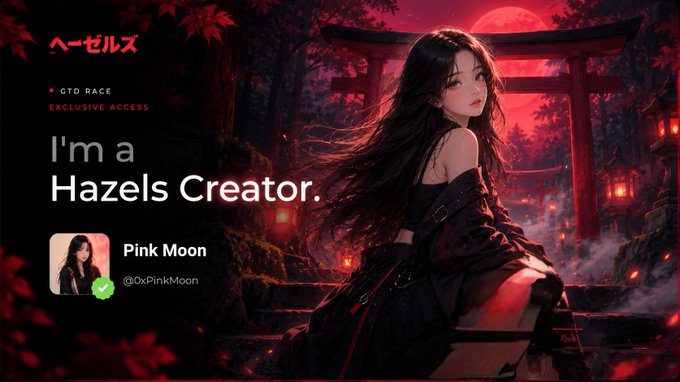 A promotional graphic for Hazels creator 'Pink Moon' (@OxPinkMoon) featuring an anime-style illustration of a woman in dark clothing with a red torii gate and moon in the background.