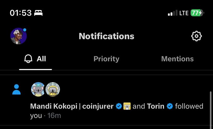 A mobile phone screenshot of a dark-mode social media "Notifications" page, showing a "do not disturb" icon, signal bars, and 77% battery, with an alert that "Mandi Kokopi | coinjurer and Torin followed you".
