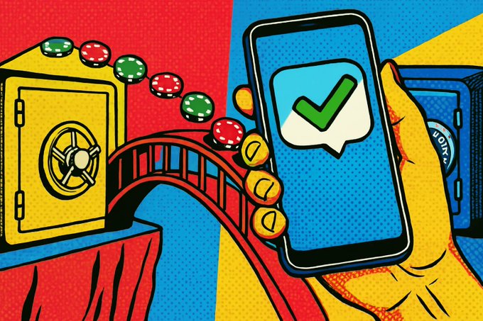 A colorful pop-art style illustration shows a smartphone displaying a green checkmark chat bubble, with casino chips and a safe visible in the background.