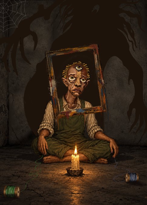 A surreal dark art image showing a figure sitting cross-legged with a framed portrait for a head, illuminated by a melting candle, with shadowy hands emerging from the darkness behind them.