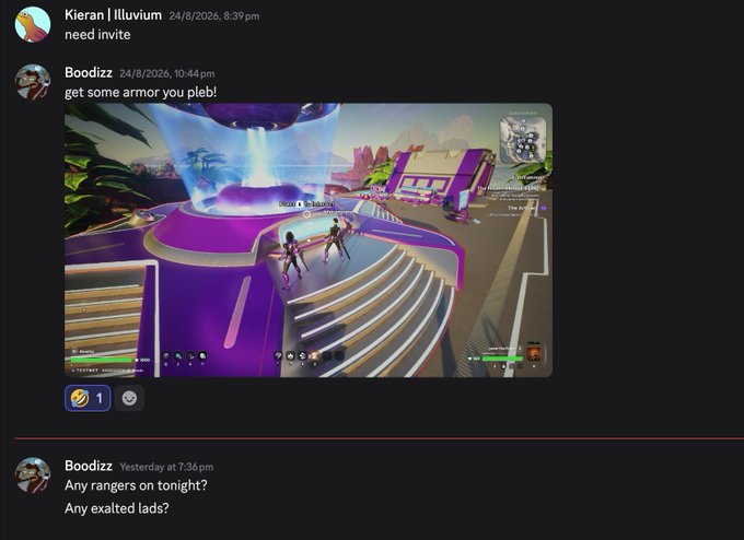 A Discord chat from user Boodizz shows messages about needing invites and asking if any rangers are playing tonight, accompanied by a Fortnite gameplay screenshot of players near a glowing purple structure.