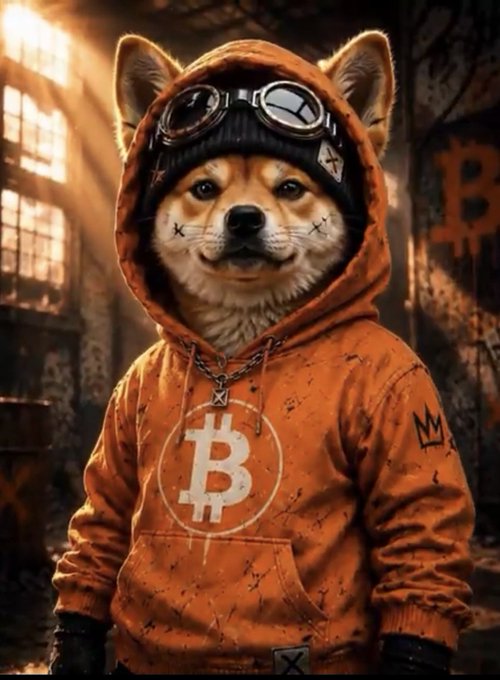 A digital illustration of a Shiba Inu dog dressed in an orange hoodie featuring a large Bitcoin 'B' logo, wearing a black beanie and goggles, set in a dimly lit industrial background with Bitcoin graffiti.