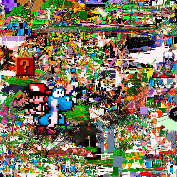 A chaotic, glitchy digital collage filled with pixel art, vibrant colors, and various scattered imagery including a Mario-like figure, a question mark block, and a skull.