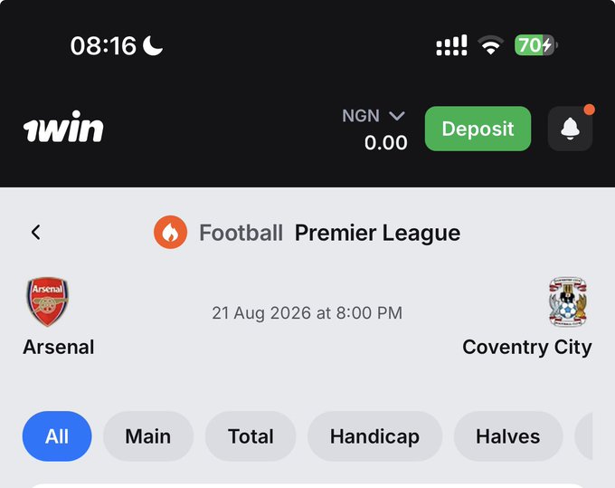 A screenshot of the 1win betting app showing an upcoming English Premier League match between Arsenal and Coventry City scheduled for 21 Aug 2026 at 8:00 PM, with a balance of NGN 0.00. The image relates to the post as it presents the fixture that viewers can make predictions on to win $SOL.