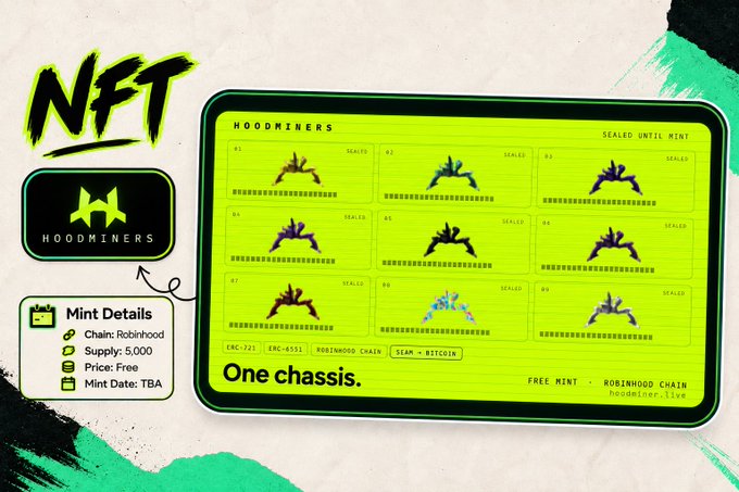 A promotional graphic for 'HOODMINERS' NFT collection on Robinhood Chain, showing a green-themed interface with 9 sealed vehicle chassis mint details (Chain: Robinhood, Supply: 5,000, Free Mint).