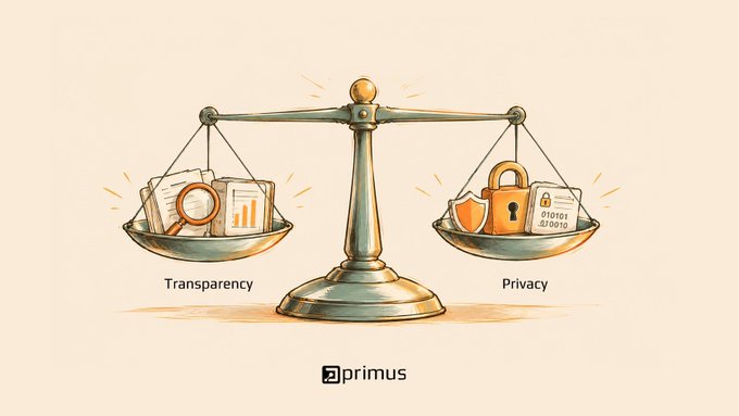 An illustrated balance scale weighing documents, a magnifying glass, and charts ('Transparency') against a padlock, shield, and credit card ('Privacy'), with the 'primus' logo below.