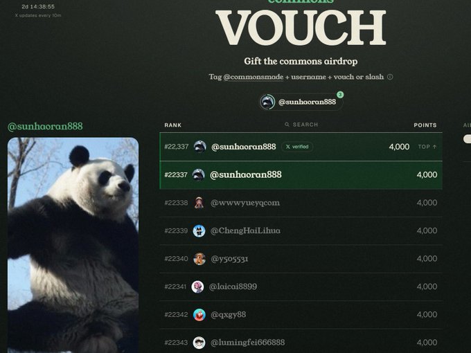 A 'VOUCH' page from the commons airdrop shows @sunhooran888 at rank #22337 with 4,000 points, alongside a photo of a panda.