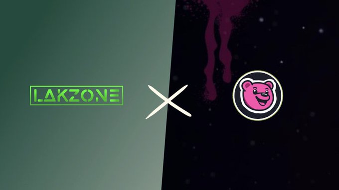 The image shows a split-screen announcement of a collaboration between "LAKZONE" (displayed in green neon text on the left) and Rakebit (represented by a pink bear logo in a white circle on the right), separated by a white "X" symbol. The design aligns with the post's announcement of a Lakzone x Rakebit collab featuring 1,000 RakeBears NFTs on the Ethereum blockchain.