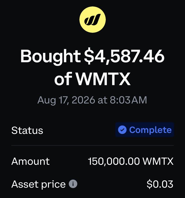 A transaction confirmation showing a completed purchase of 150,000 WMTX tokens for $4,587.46 at $0.03 per token on August 17, 2026, aligning with the "BeastMode!" announcement from the WMTX treasury.