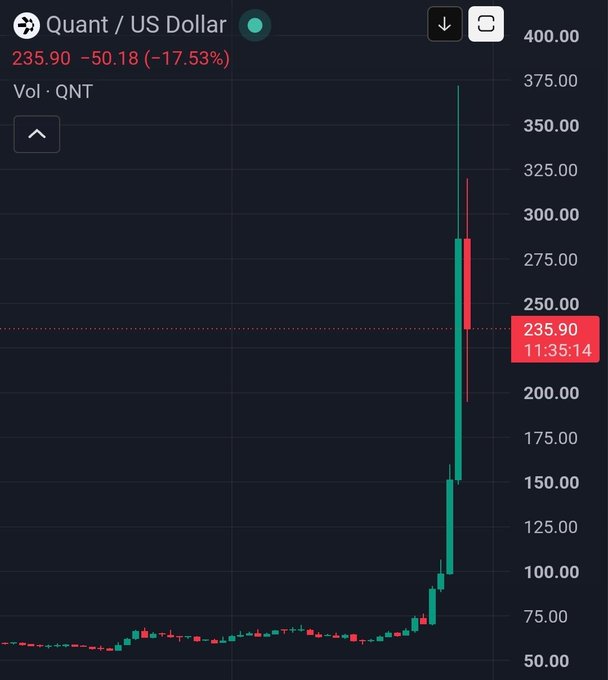 A TradingView candlestick chart of Quant (QNT/US Dollar) shows a dramatic price surge, currently at $235.90 after a 17.53% drop, following an explosive rally from around $50 to a peak near $400—visually illustrating the bull market breakout referenced in the post about holding dead coins through their recovery.
