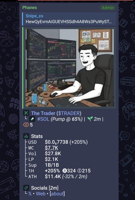 A Phanes admin token profile showing 'The Trader ($TRADER)' with stats including Market Cap $7.7K, Volume $27.8K, Liquidity $2.1K, and a +205% 1-hour change.
