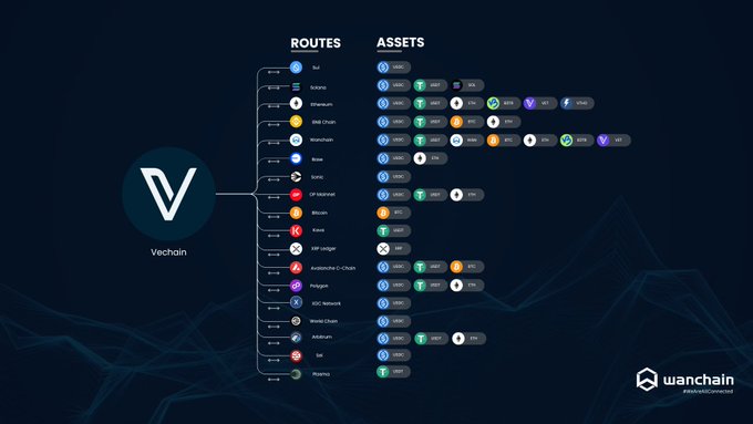 A Wanchain ecosystem infographic displaying Vechain routes and connected assets with various blockchain logos.