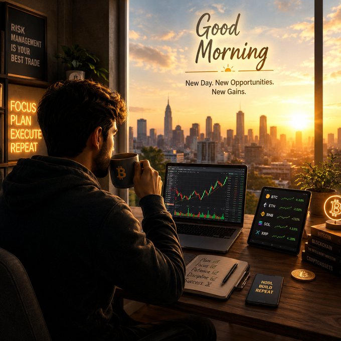 A 'Good Morning - New Day. New Opportunities. New Gains.' graphic shows a man drinking coffee at a desk with cryptocurrency charts on his laptop and tablet, alongside motivational text including 'RISK MANAGEMENT IS YOUR BEST TRADE' and 'FOCUS PLAN EXECUTE REPEAT'.