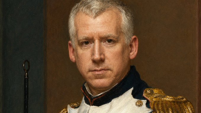 A painted portrait of a stern, gray-haired military officer in a white and gold uniform with epaulettes stands beside a dark pole, evoking a Napoleonic-era French general whose regal, authoritative gaze humorously frames the post's playful suggestion that living in a Fontainebleau chateau while trading $MON on OKX is the path out of "euro-poverty."