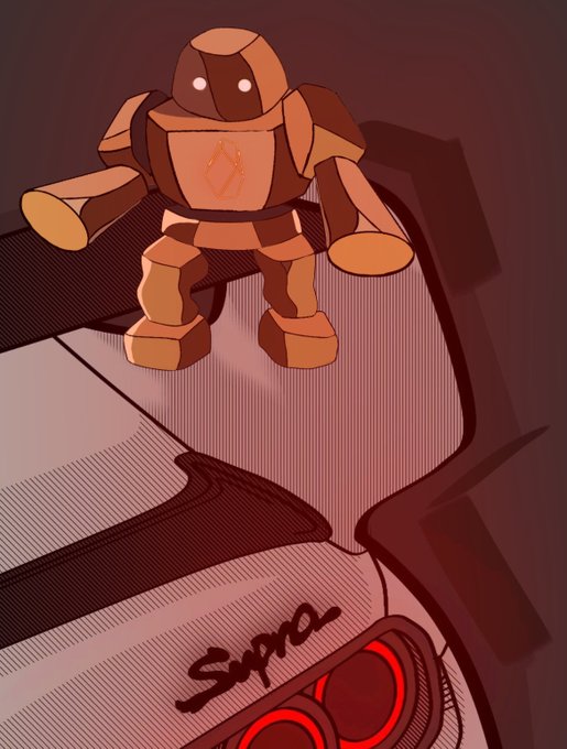 The image shows an illustration of a small wooden toy robot standing on the windshield of a car, with the brand name "Supra" written on the front near the red-lit headlights. The artwork pairs a sentimental childhood toy figure with a Toyota Supra—Rocky's dream car—symbolizing the post's message about preserving one's inner child while pursuing ambitious goals, with @SeismicSys enabling private on-chain ownership of such meaningful possessions.
