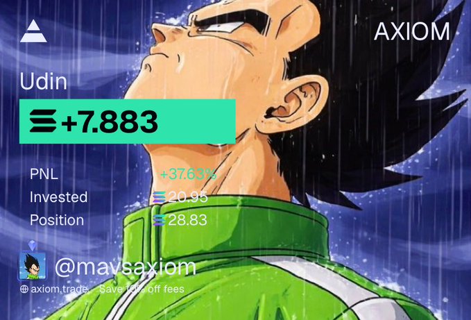 An anime-style image of a character in a green outfit in the rain, with overlay text showing 'Udin', '+7.883', 'AXIOM', 'PNL +37.63%', 'Invested ≈20.95', 'Position ≈28.83', and '@mavsaxiom' with the link 'axiom.trade'.