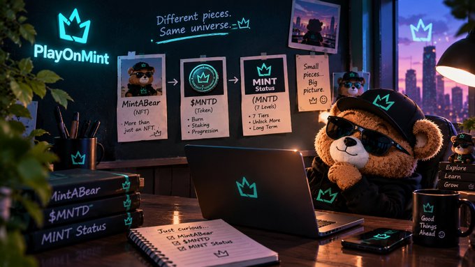 An illustrated promotional image for 'PlayOnMint' featuring an anthropomorphic bear wearing sunglasses and a crown, sitting at a desk with a laptop in front of a city skyline at sunset.