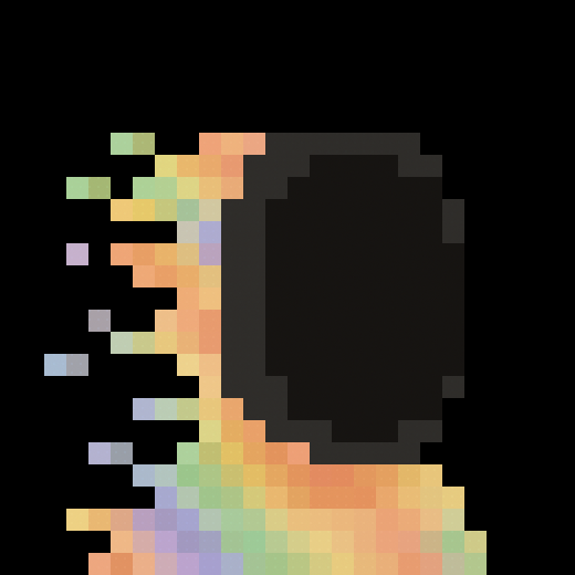 A pixel art image showing a colorful rainbow gradient design on the left side against a black background, with some small floating pixel fragments.