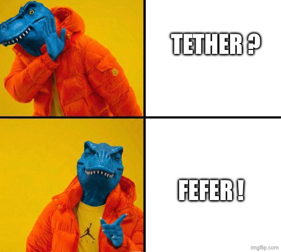 A "Drake Hotline Bling" meme format where the character first rejects "TETHER?" and then approves "FEFER!", humorously responding to the question of how to correctly pronounce @tether by suggesting the phonetic "FEFER" pronunciation instead.