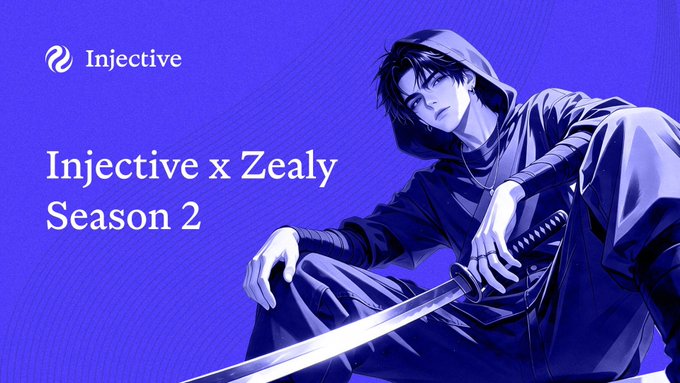 Promotional banner for "Injective x Zealy Season 2" featuring an anime-style character in a dark hooded outfit against a purple background.