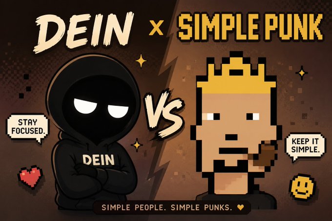 A promotional graphic titled 'DEIN x SIMPLE PUNK' features a hooded character labeled 'DEIN' with the speech bubble 'STAY FOCUSED.' facing a pixelated character labeled 'SIMPLE PUNK' who says 'KEEP IT SIMPLE.', with the tagline 'SIMPLE PEOPLE. SIMPLE PUNKS.'