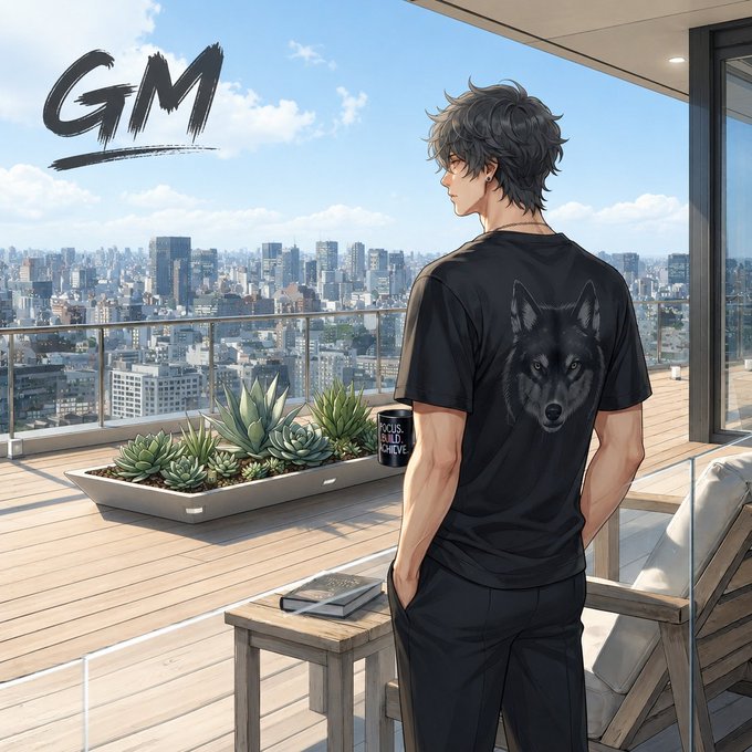 An anime-style illustration features a young man with dark hair wearing a black t-shirt with a wolf design, standing on a balcony overlooking a city skyline, with 'GM' written in the sky.