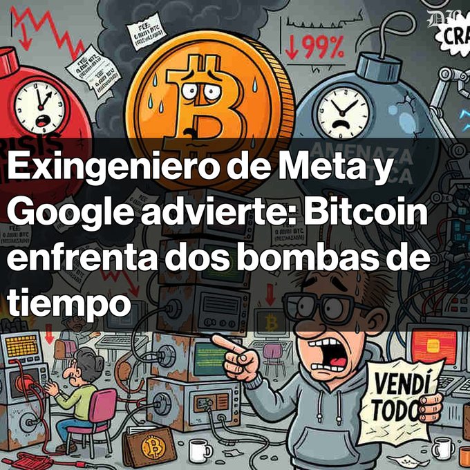 A cartoon illustration of an anxious Bitcoin and a panicked trader holding a 'Vendí Todo' sign, with overlaid Spanish text reading 'Exingeniero de Meta y Google advierte: Bitcoin enfrenta dos bombas de tiempo'.