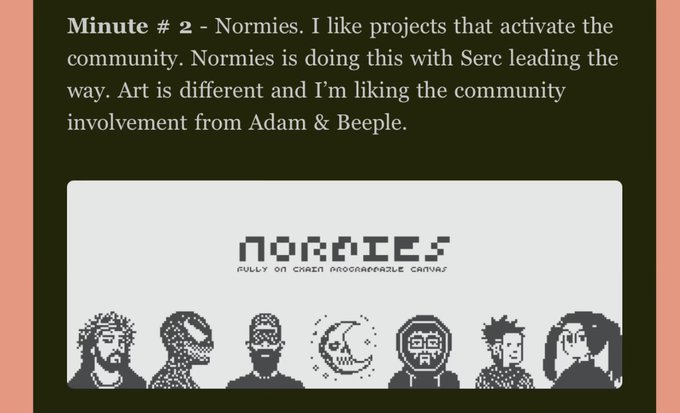 A social media post mentioning 'Normies' NFT project, describing it as 'fully on chain programmable canvas' with pixel art character portraits.