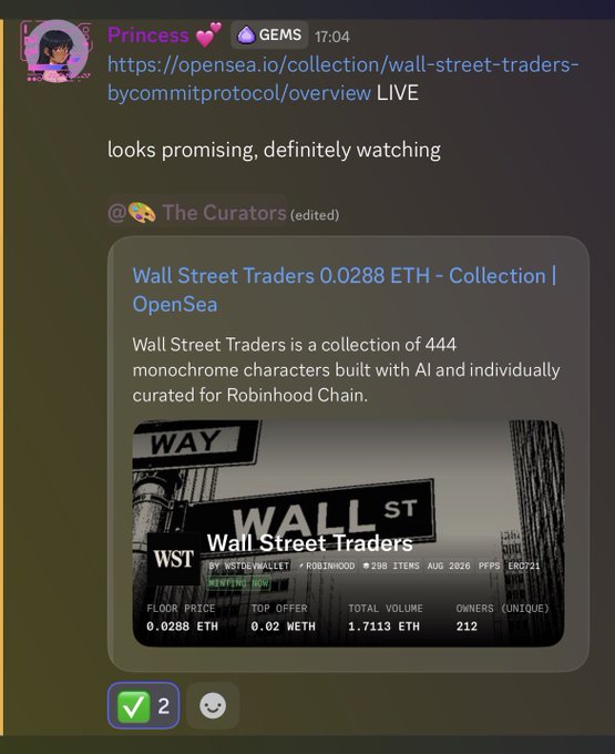 A Discord screenshot shows a user named 'Princess' sharing an OpenSea link for a 'Wall Street Traders' NFT collection priced at 0.0288 ETH on Robinhood Chain.