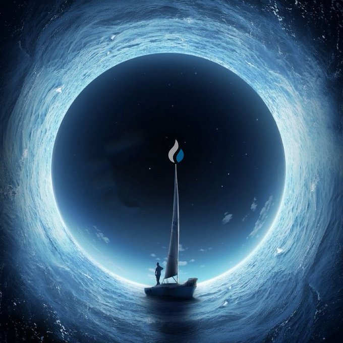 A surreal digital artwork depicting a small sailboat with a figure aboard floating in the center of a massive circular wave or portal around a dark cosmic sphere.