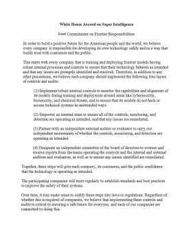 A document titled 'White House Airst on Super Intelligence' detailing 'Joint Commitment on Frontier Responsibilities' for American people and the world, discussing technology safety, accountability, and transparency in AI development.