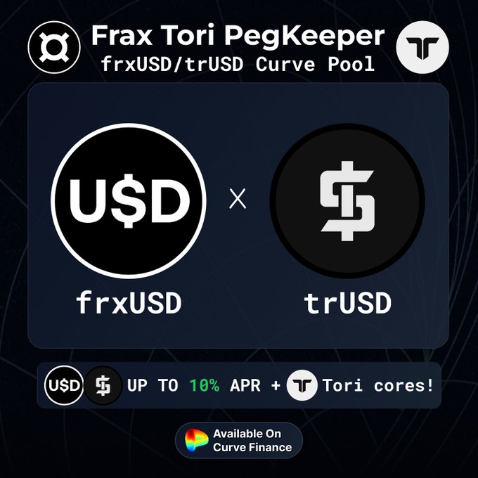 A promotional graphic for 'Frax Tori PegKeeper frxUSD/trUSD Curve Pool' featuring logos for frxUSD and trUSD, advertising up to 10% APR plus Tori cores, available on Curve Finance.