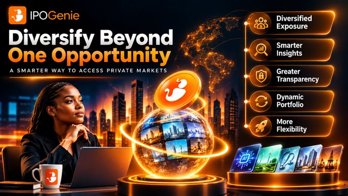 A promotional advertisement for 'IPOGenie' with the headline 'Diversify Beyond One Opportunity - A Smarter Way to Access Private Markets', showing a woman with a laptop alongside icons listing benefits like 'Diversified Exposure', 'Smarter Insights', 'Greater Transparency', 'Dynamic Portfolio', and 'More Flexibility'.