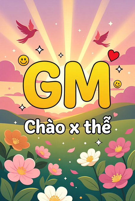 A colorful, stylized digital illustration featuring the large yellow letters 'GM' over a pastel landscape with flowers, birds, and smiling emojis, with the text 'Chào x thế' below.