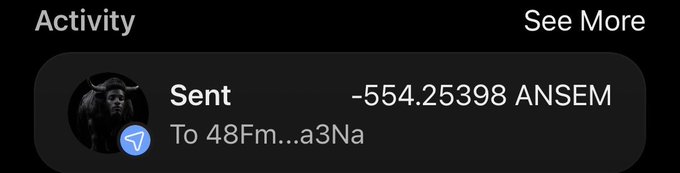 An activity feed showing a transaction of -554.25398 ANSEM tokens sent to the address 48Fm...a3Na, with a paper airplane (Telegram) icon indicating it was sent via messaging app. The image illustrates the airdrop mentioned in the post, where Jakey is gifting $100 worth of ANSEM tokens.