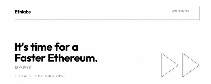 The image shows an Ethlabs article header titled "It's time for a Faster Ethereum." with the subtitle "EIP-8198," published in September 2026 under the Writings section, featuring two arrow graphics pointing right. This header visually introduces the article about Ethereum Improvement Proposal 8198, which aims to reduce block time from 12 to 10 seconds through shorter slots.
