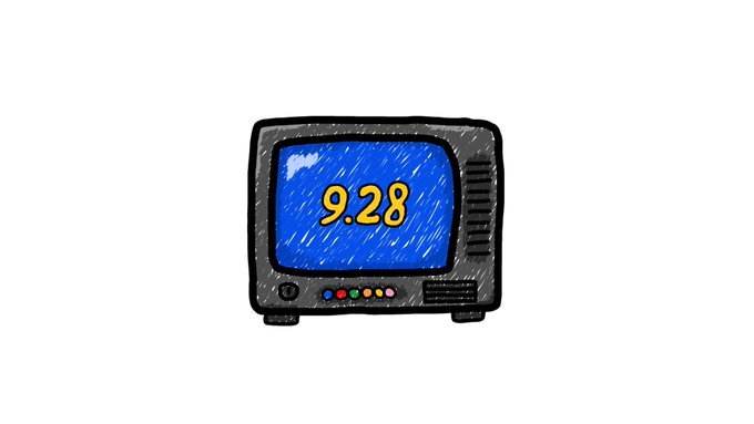 A hand-drawn cartoon illustration of a retro television set with a blue screen displaying the date '9.28'.