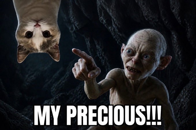 The image features a cat with its head hanging over a cave wall, looking at a cartoon character or a person's face that appears to be a dwarven figure. The caption of the image includes the phrase "My precious!" which seems to be a reference to the cat and the character in the picture.