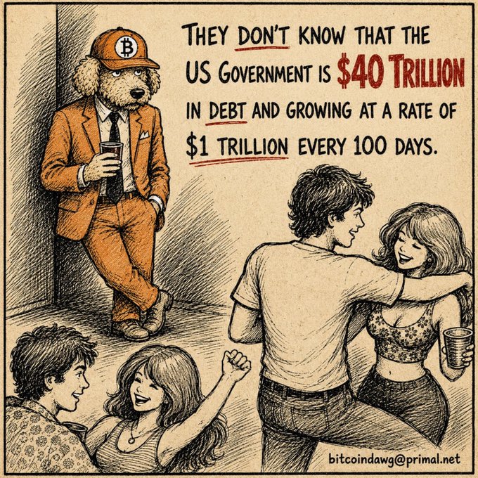 An illustration of a bear in an orange suit and Bitcoin hat watching people party, with text stating 'THEY DON'T KNOW THAT THE US GOVERNMENT IS $40 TRILLION IN DEBT AND GROWING AT A RATE OF $1 TRILLION EVERY 100 DAYS.' signed by bitcoindawg@primal.net.