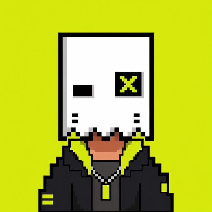 A pixel art character wearing a black jacket and yellow-lined hoodie, with a white monitor-like head displaying a yellow "X" and a black rectangular eye on a yellow background.