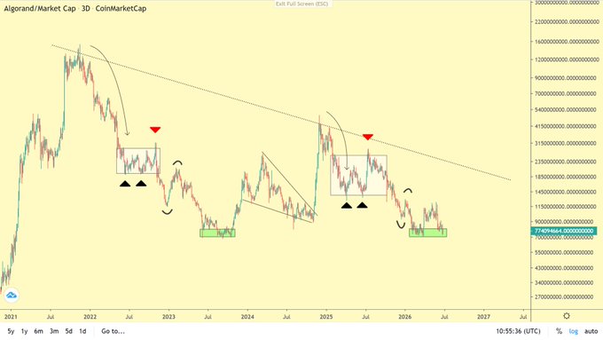 A 3D candlestick chart of Algorand's market cap from CoinMarketCap spanning 2021 to 2027, with red triangles and shaded boxes marking two similar bear market bottom structures—one bottoming in summer 2023 and another projected to bottom in summer 2026, following a descending trendline. The annotations visually support the post's claim that ALGO is repeating its 2022/2023 bear market pattern.