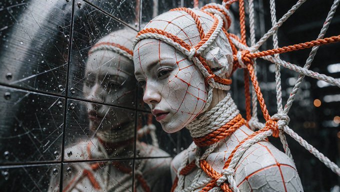 A surreal artistic image of a pale figure with cracked white skin wrapped in orange and white ropes, standing before a cracked mirror that reflects their face.