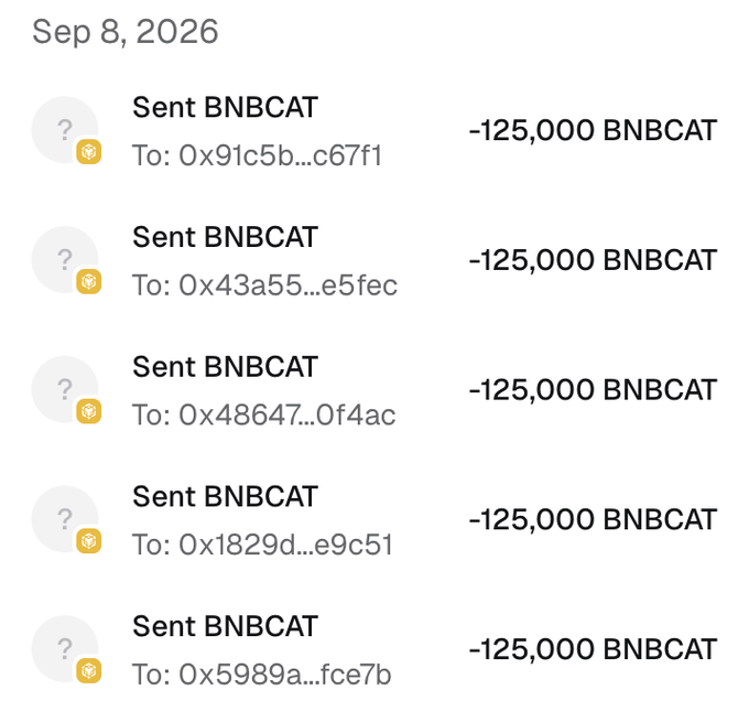 The image shows a transaction history dated Sep 8, 2026, displaying five separate "Sent BNBCAT" transactions, each for -125,000 BNBCAT, sent to different BNB addresses (0x91c5b...c67f1, 0x43a55...e5fec, 0x48647...0f4ac, 0x1829d...e9c51, and 0x5989a...fce7b). This corresponds to the accompanying post, which explains that 950 BNB addresses are needed for a BNBCAT airdrop, with each eligible wallet receiving 125,000 BNBCAT tokens.