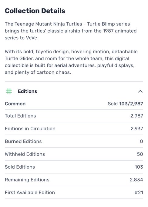 This image shows VeVe collection details for the Teenage Mutant Ninja Turtles - Turtle Blimp digital collectible, revealing that only 103 of 2,987 editions (approximately 3.4%) have sold, with 2,834 remaining available starting at edition #21. The image supports the post's claim about poor sales performance for the $OMI (Ecomi) token's VeVe platform, illustrating the weak demand the original poster referenced.