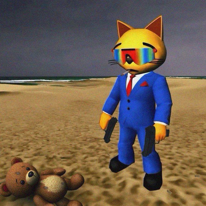 In the image, a cartoon cat dressed as a businessman stands on a sandy beach with a teddy bear lying next to him. The cat is wearing sunglasses and holding a gun, giving off an impression of authority or power. The teddy bear appears to be in a state of disrepair, suggesting that it has been through some sort of accident or mishandling. The scene seems to be set against the backdrop of a stormy sky, adding a dramatic effect to the overall composition.