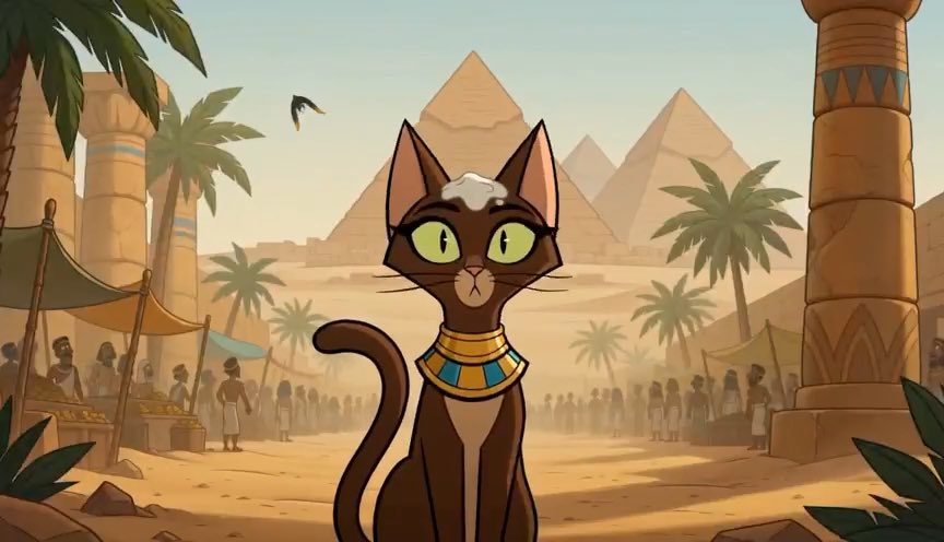 A sleek black cat with green eyes and a golden Egyptian collar sits among the pyramids and bustling market stalls of ancient Egypt, with a small white bundle perched atop its head. The image ties into the "$CASHBIRD" post by playfully visualizing the cat as a mysterious deliverer making a drop in a grand, historic setting.

(Note: No readable text, numbers, or tickers appear within the image itself beyond what is described.)