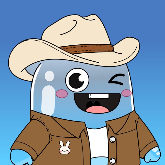 A cheerful blue mascot character with a winking eye wears a tan cowboy hat and a brown jacket featuring a small white bunny pin, set against a blue gradient background—fitting the playful "GLittle" branding and the friendly Sunday greeting.