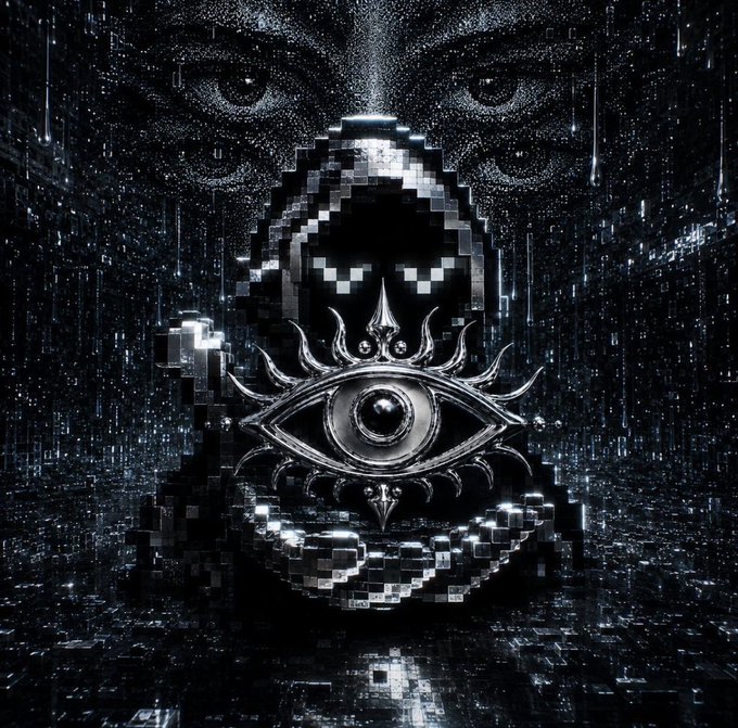 A dark, pixelated digital art piece featuring a hooded figure with sunglasses displaying pixelated eyes, an ornate eye symbol on the chest, set against a background of a larger face and digital rain.